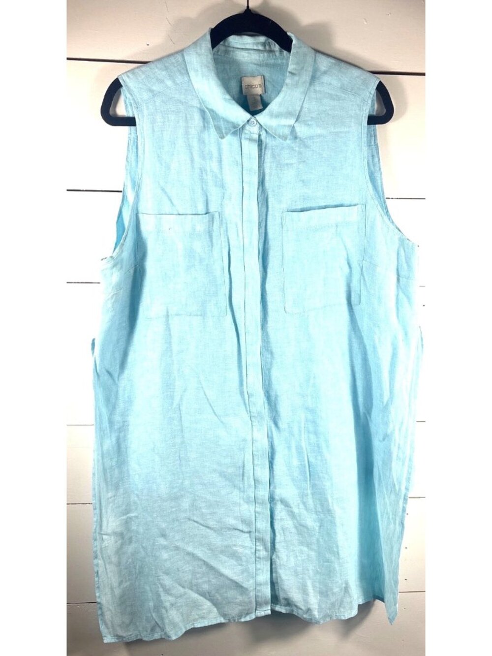 Chicos Sleeveless Light Blue Linen Tunic Shirt Dress With Pockets Size 3